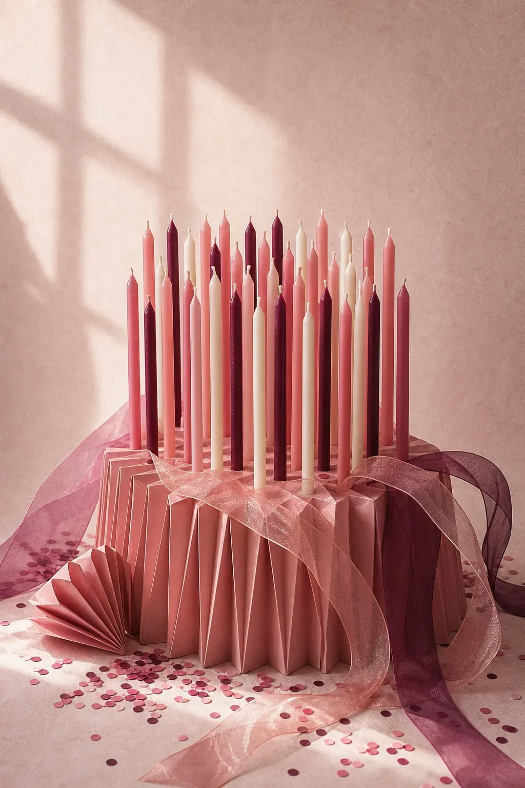 Pink sculptural birthday cake with tall pink and burgundy candles