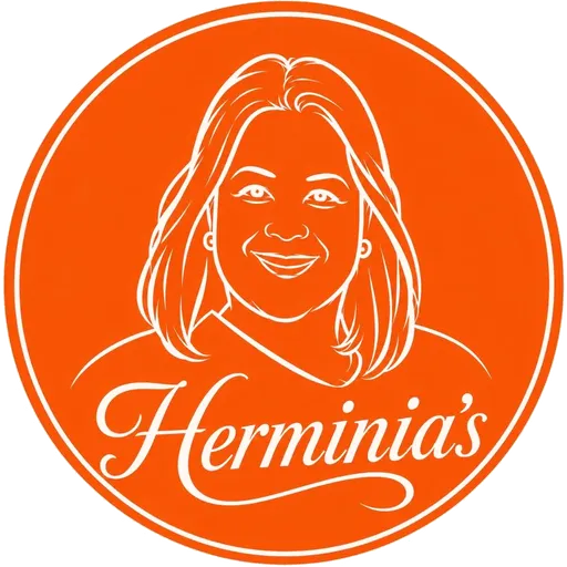 Circular orange seal with a line-art figure and the Herminia's script wordmark