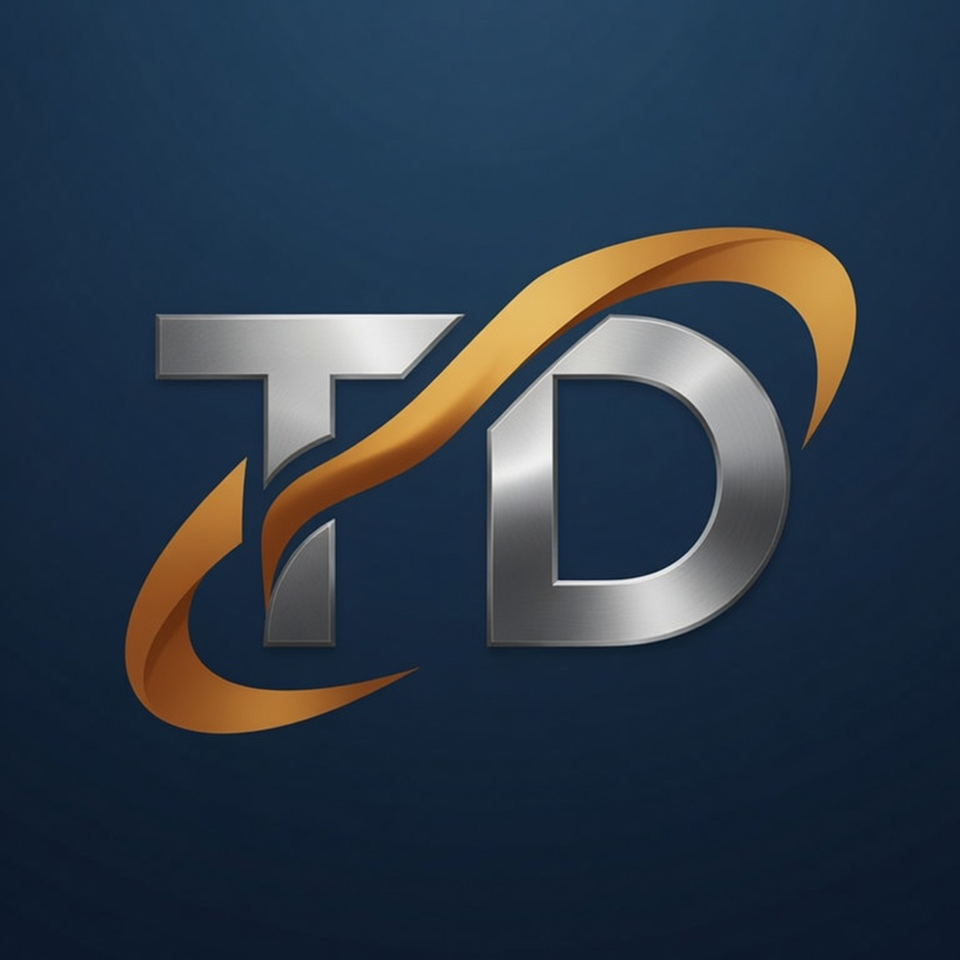 Tristan Dolfo monogram: silver TD with amber swoosh on navy